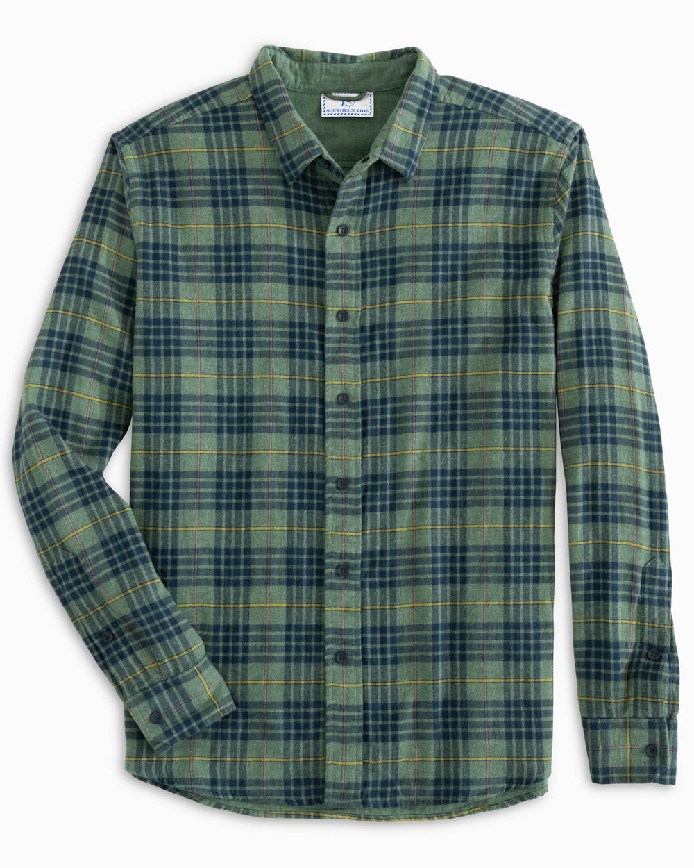 The front view of the Southern Tide Payton Heather Reversible Plaid Sport Shirt by Southern Tide - Heather Dark Ivy