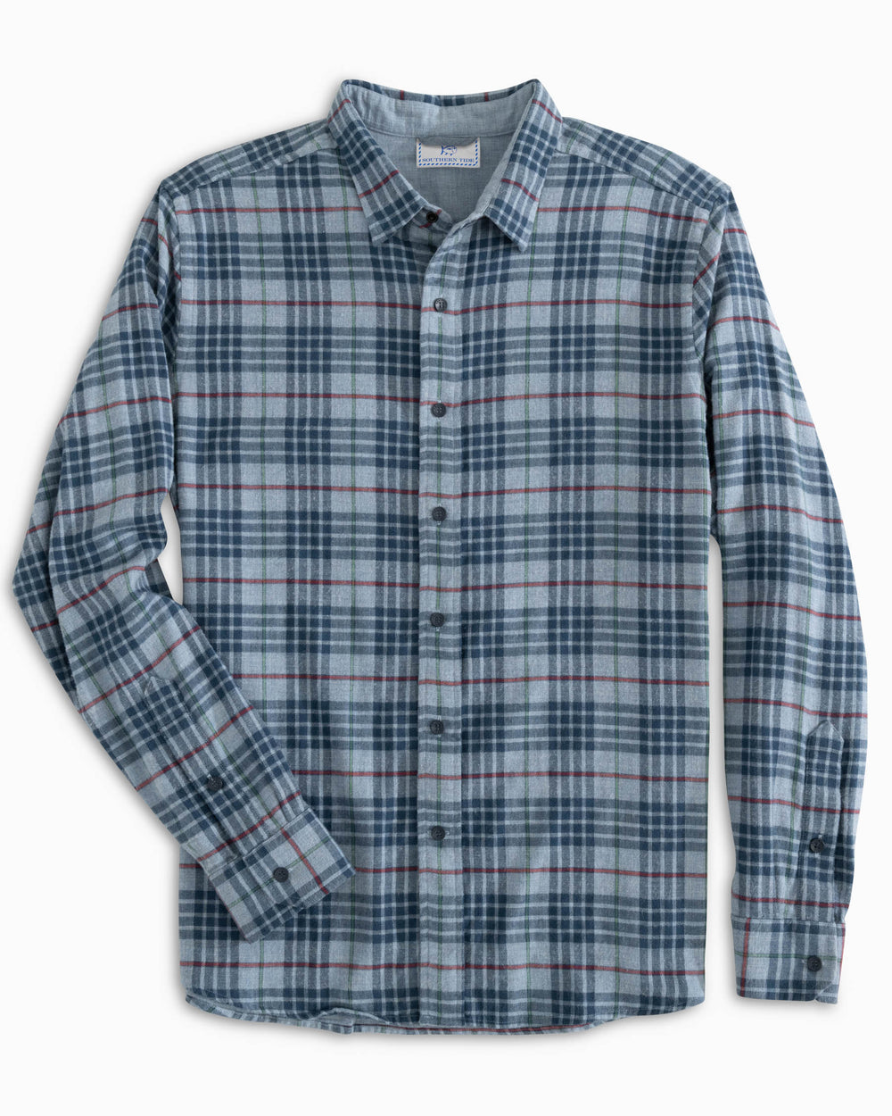 The front view of the Southern Tide Payton Heather Reversible Plaid Sport Shirt by Southern Tide - Heather Dolphin Gray