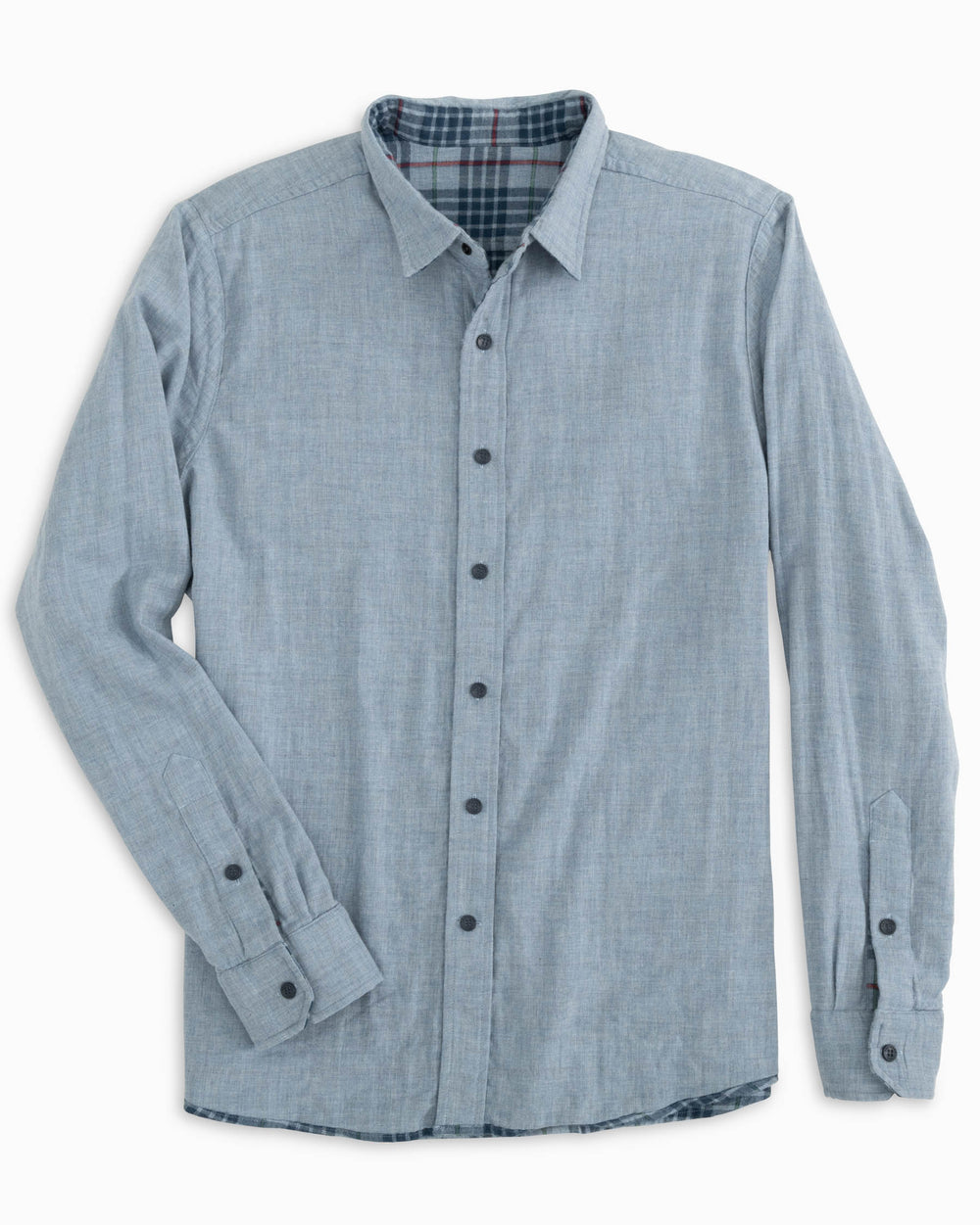 The reverse view of the Southern Tide Payton Heather Reversible Plaid Sport Shirt by Southern Tide - Heather Dolphin Gray