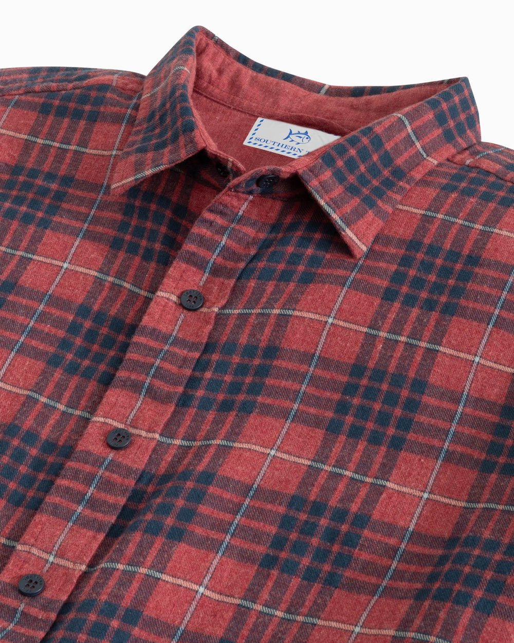 The detail view of the Southern Tide Payton Heather Reversible Plaid Sport Shirt by Southern Tide - Heather Tuscany Red