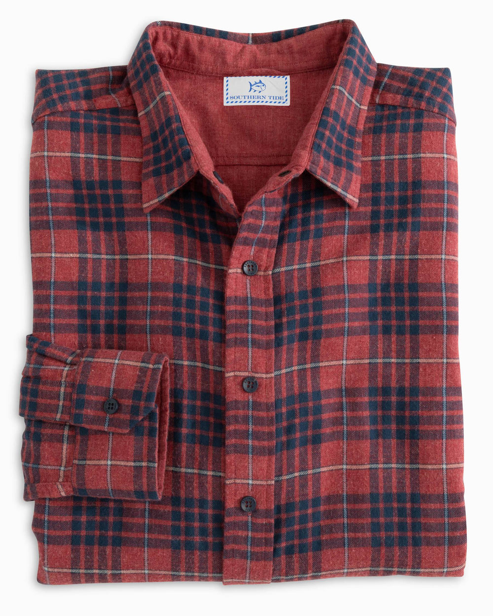 The folded view of the Southern Tide Payton Heather Reversible Plaid Sport Shirt by Southern Tide - Heather Tuscany Red