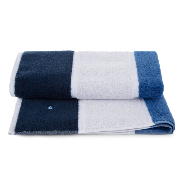 The front view of the Performance Striped Bath Towel in Cobalt Blue by Southern Tide - Cobalt Blue