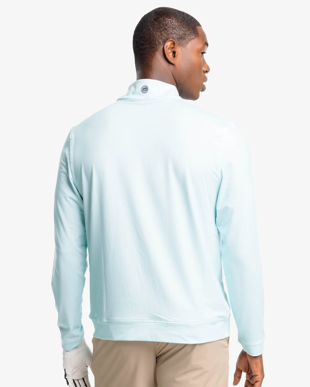 The back view of the Southern Tide Pine Ridge Print Cruiser Quarter Zip Pullover by Southern Tide - Baltic Teal