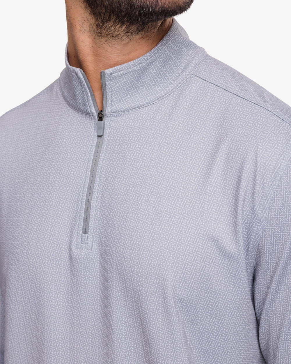 The detail view of the Southern Tide Pine Ridge Print Cruiser Quarter Zip Pullover by Southern Tide - Steel Grey