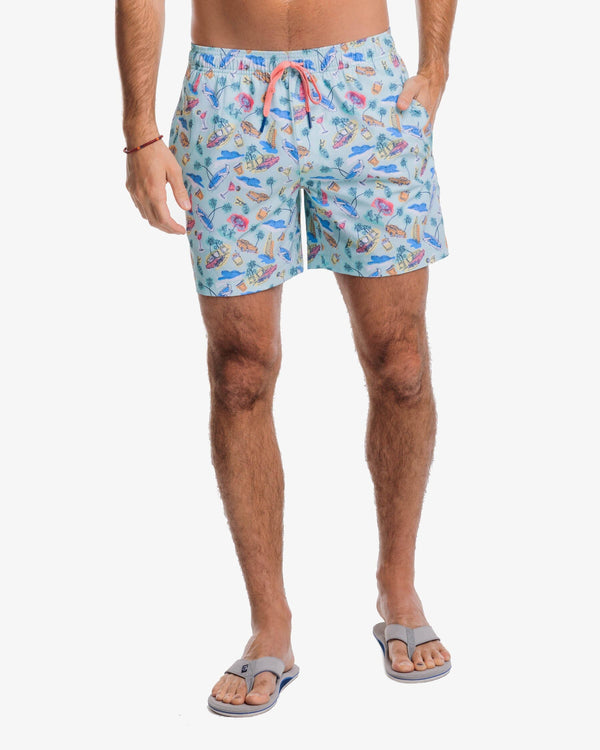 The front view of the Southern Tide Poolside View Swim Trunk by Southern Tide - Baltic Teal