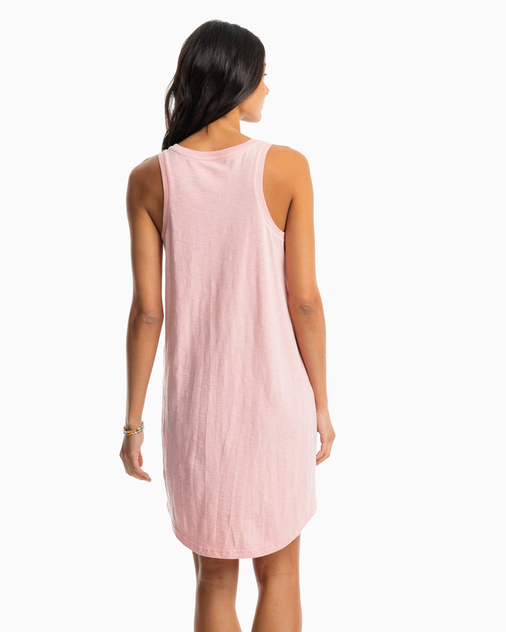 The model back view of the Women's Portia Sun Farer Sleeveless Dress by Southern Tide - Quartz Pink