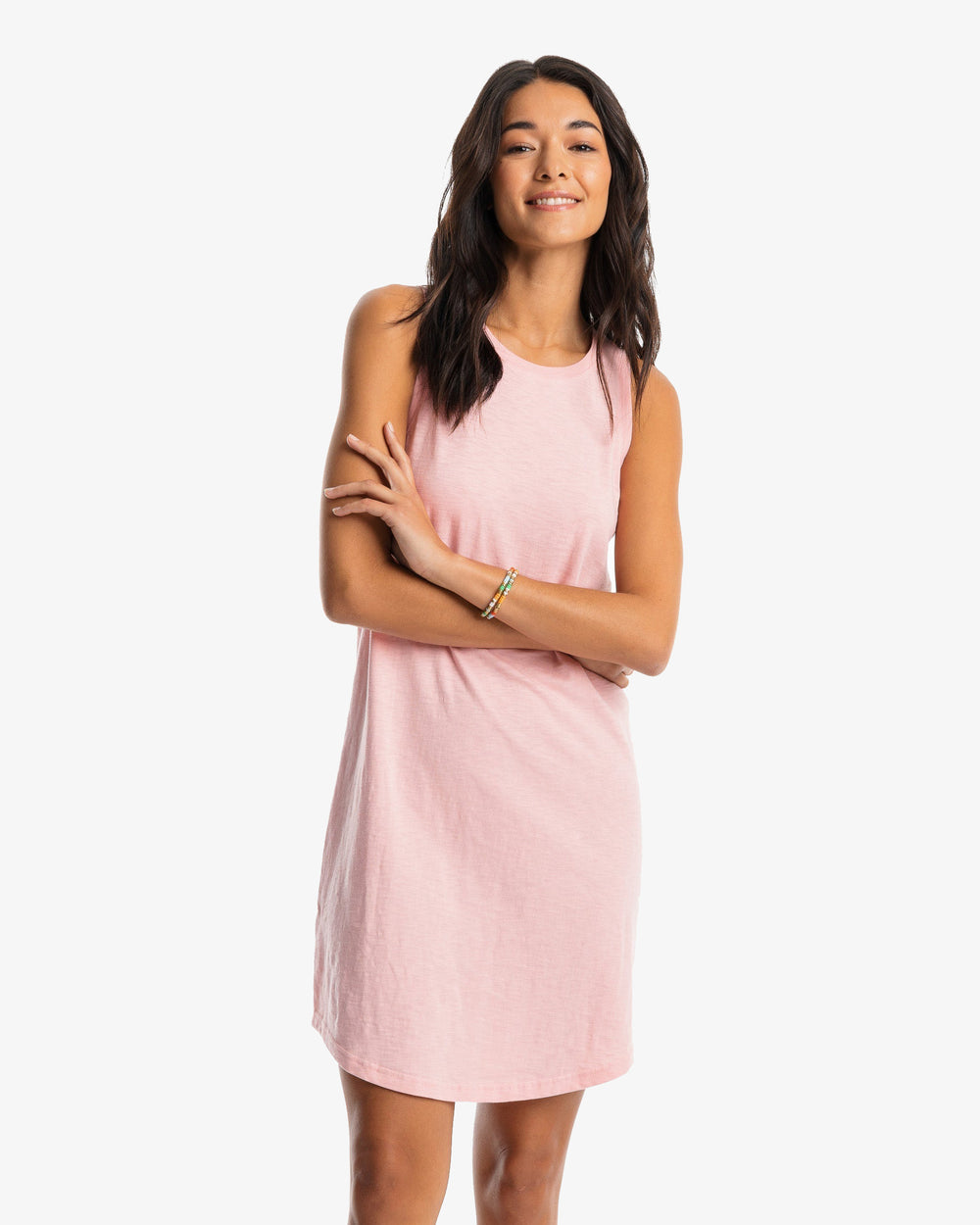 The model front view of the Women's Portia Sun Farer Sleeveless Dress by Southern Tide - Quartz Pink