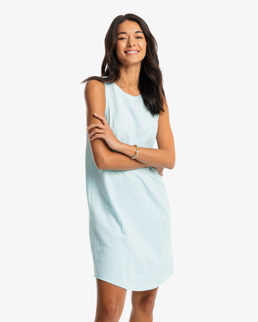 The model front view of the Women's Portia Sun Farer Sleeveless Dress by Southern Tide - Wake Blue