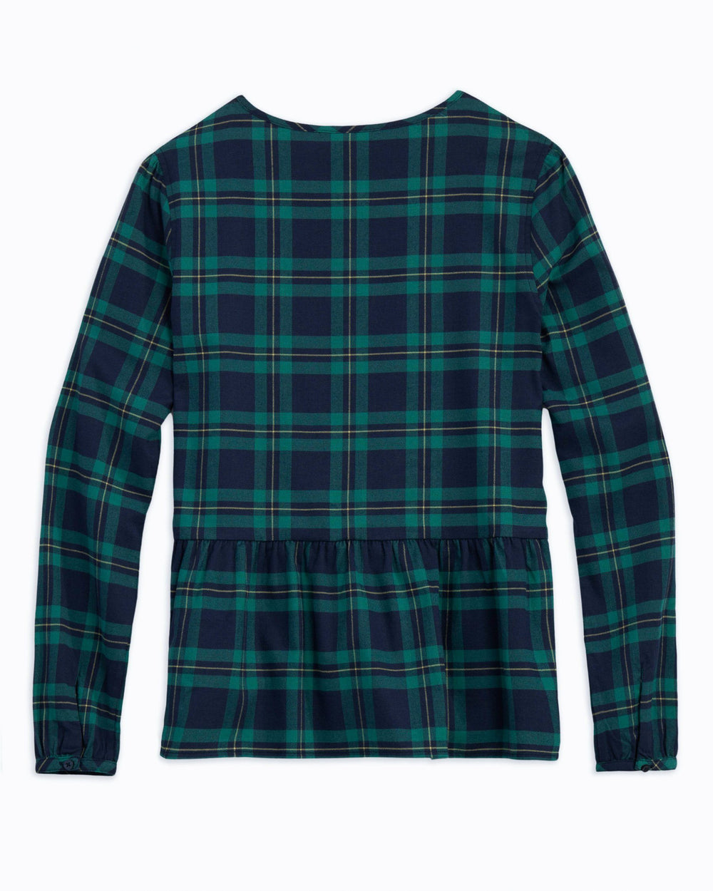 The flat back of the Women's Preston Flannel Intercoastal Top by Southern Tide - Evening Emerald
