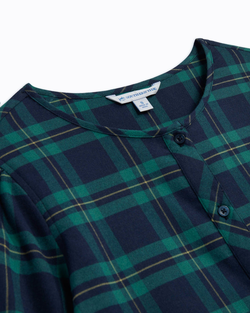 The flat detail of the Women's Preston Flannel Intercoastal Top by Southern Tide - Evening Emerald