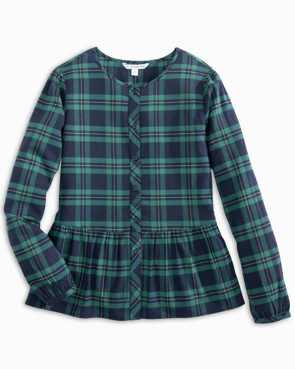 The flat front of the Women's Preston Flannel Intercoastal Top by Southern Tide - Evening Emerald