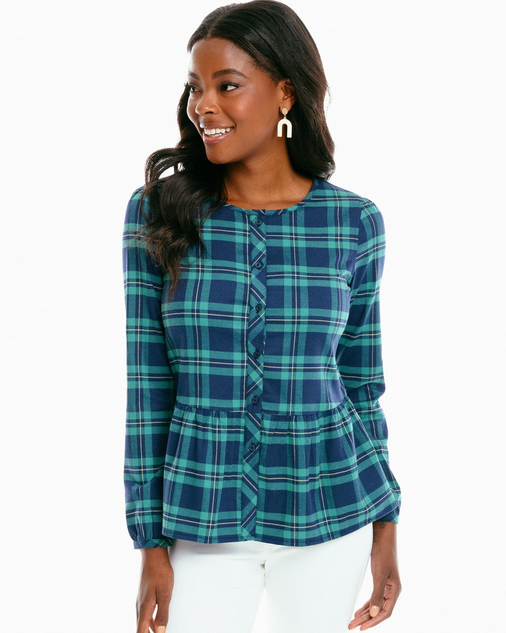 The front of the Women's Preston Flannel Intercoastal Top by Southern Tide - Evening Emerald