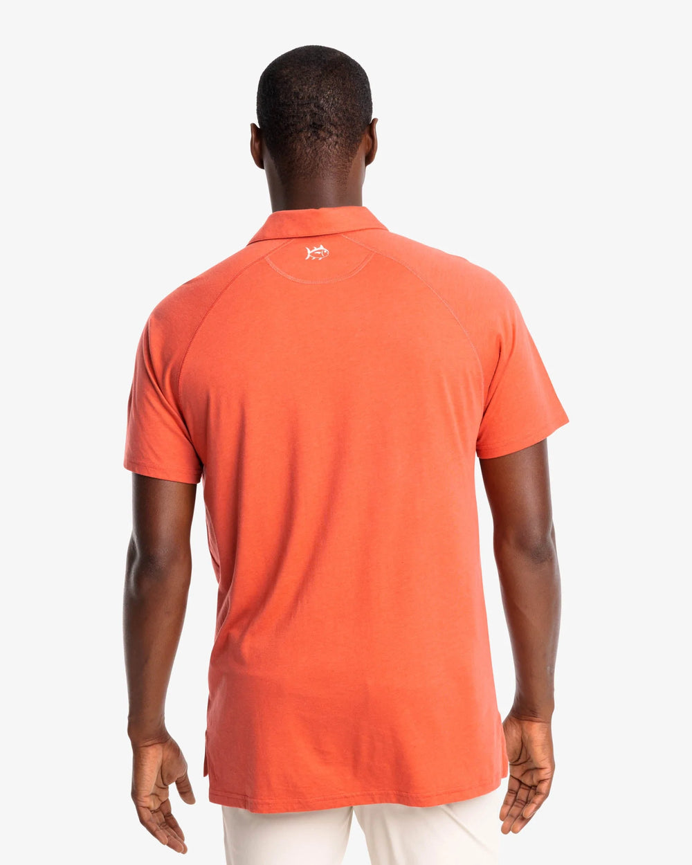 The back view of the Racquet Performance Polo Shirt by Southern Tide - Mineral Red