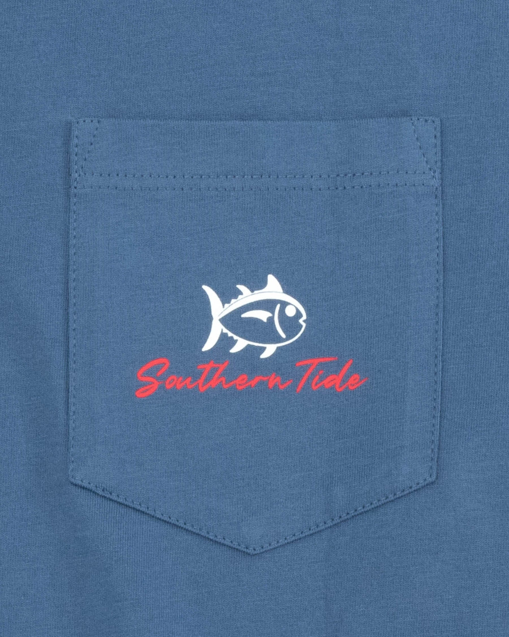 The detail view of the Southern Tide Red White and Lure T-shirt by Southern Tide - Aged Denim