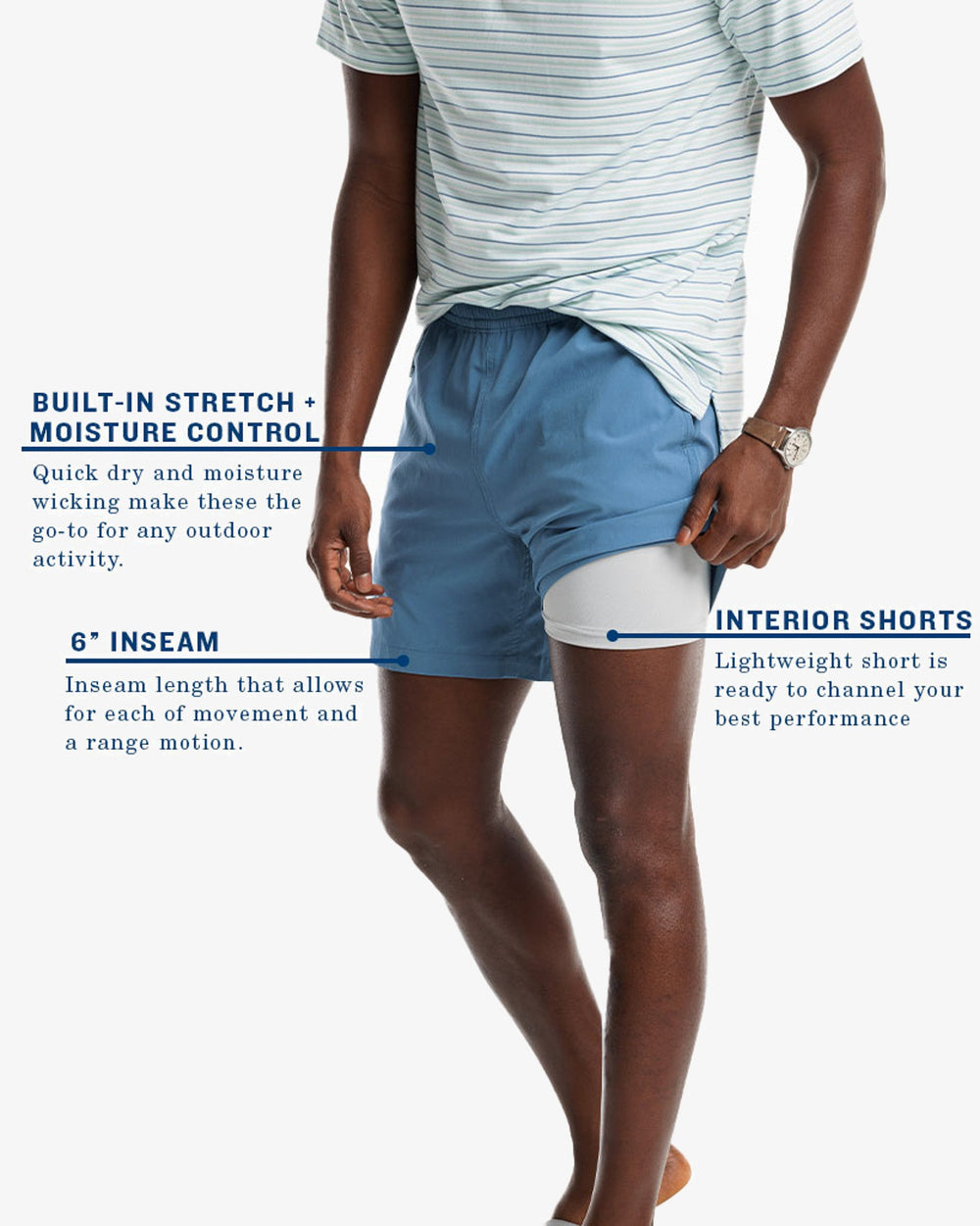 The model highlights short view of the Men's Rip Channel 6 Inch Performance Short by Southern Tide - Blue Ridge