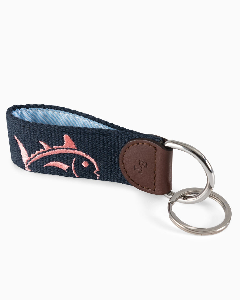 The detail of the Southern Tide Skipjack Embroidered Key Fob by Southern Tide - Sunset Coral
