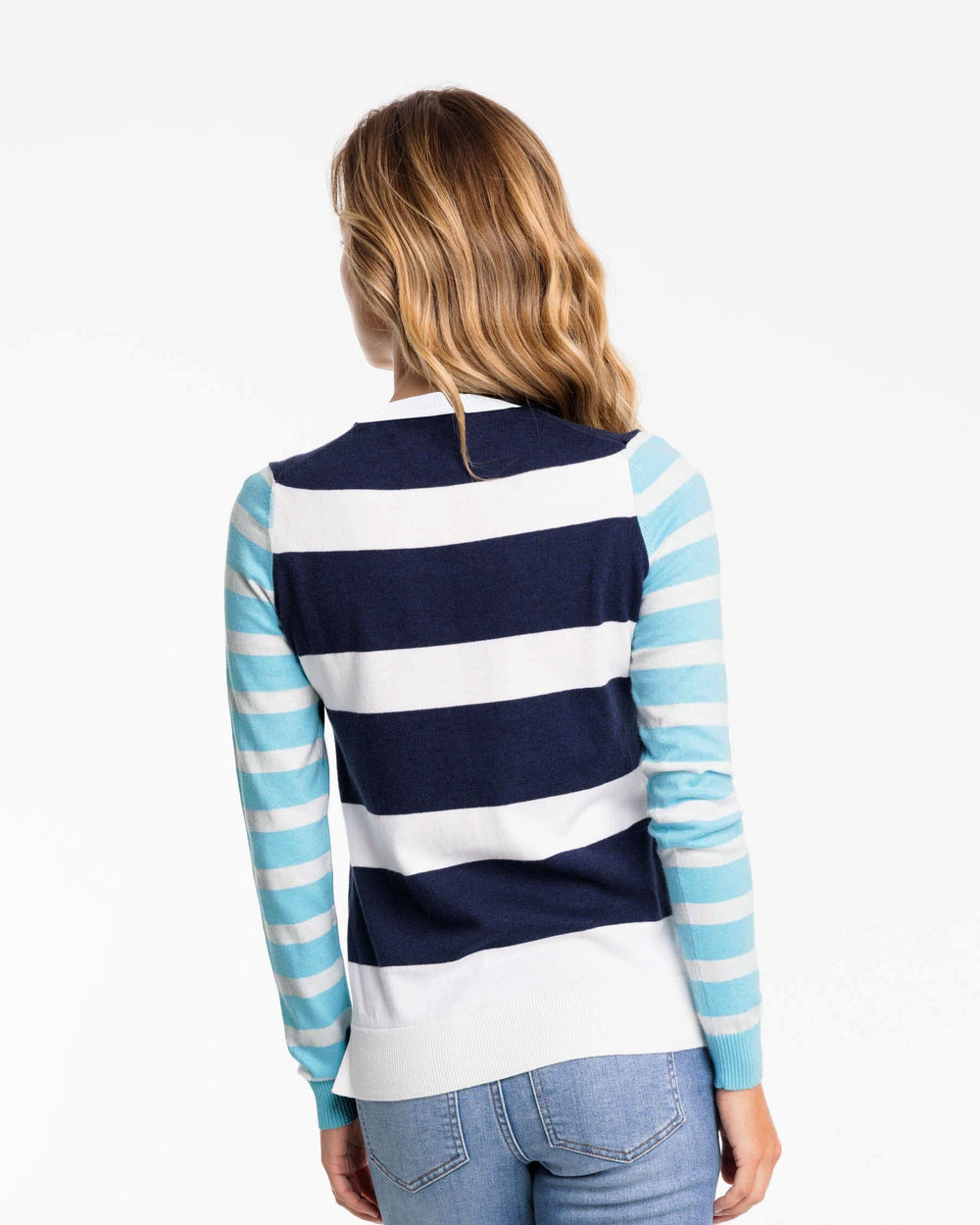 The back view of the Rugby Stripe Fireside Sweater by Southern Tide - True Navy