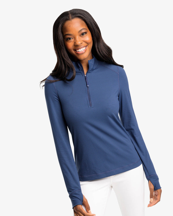 The front view of the Runaround Performance Quarter Zip Pullover by Southern Tide - Nautical Navy