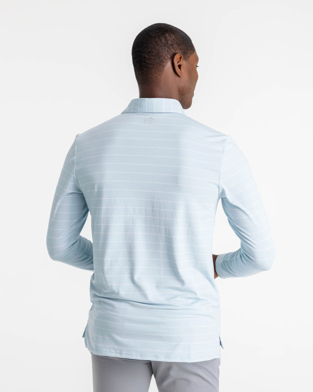 The back view of the Ryder Bartlett Stripe Performance Polo Shirt by Southern Tide - Heather Aquamarine