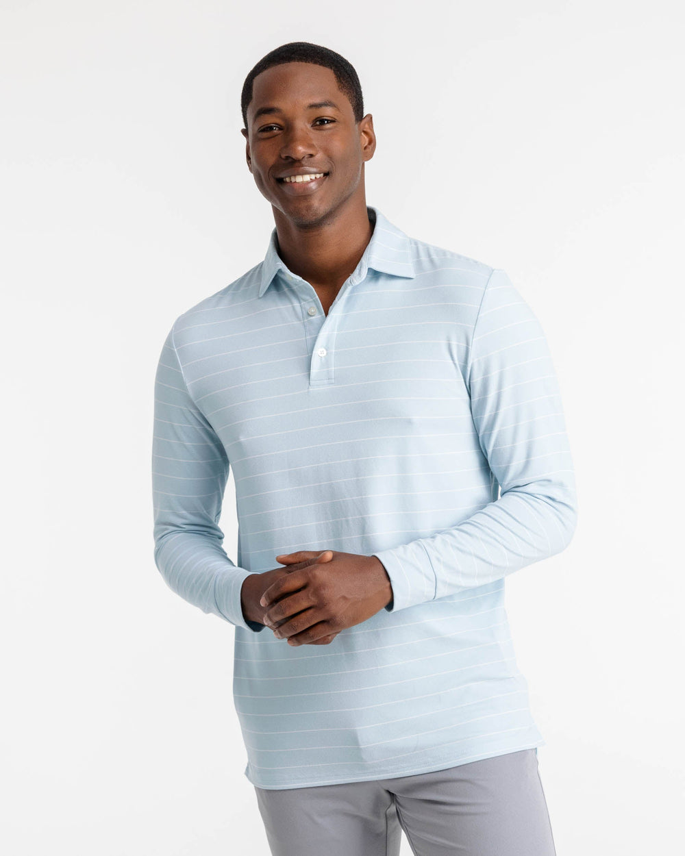 The front view of the Ryder Bartlett Stripe Performance Polo Shirt by Southern Tide - Heather Aquamarine