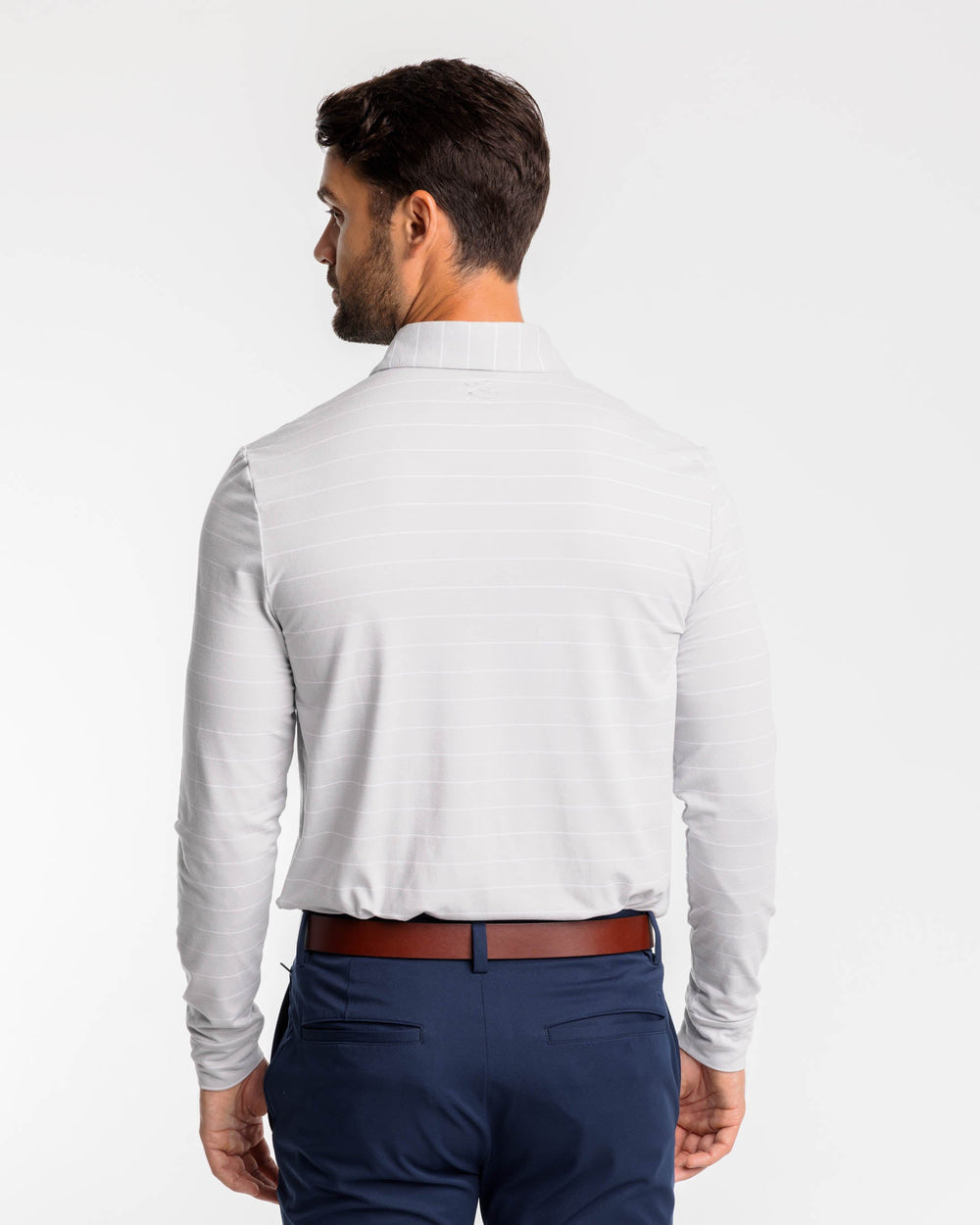 The back tucked view of the Ryder Bartlett Stripe Performance Polo Shirt by Southern Tide - Heather Seagull Grey