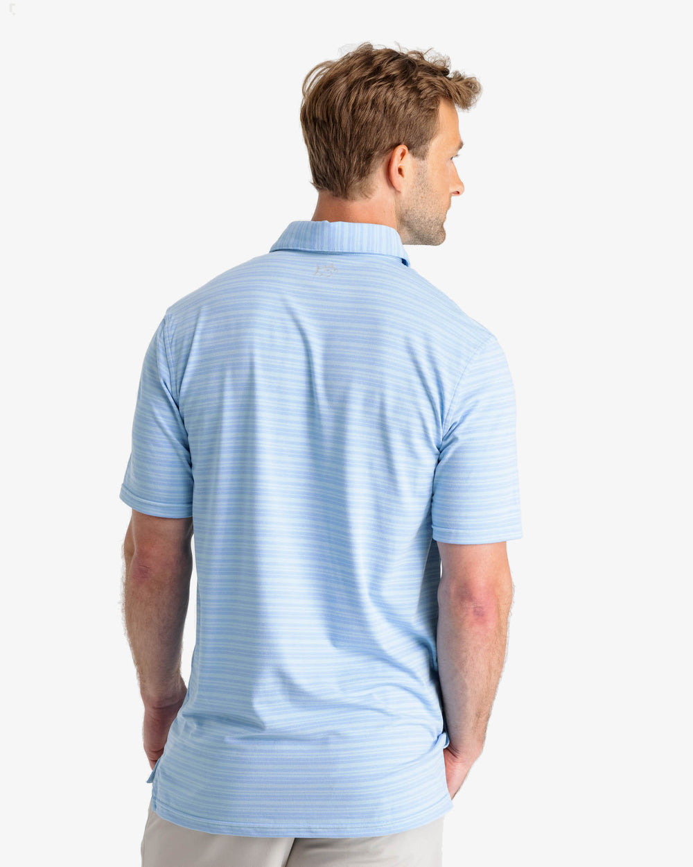 The back view of the Southern Tide Ryder Heather Bombay Striped Polo Shirt by Southern Tide - Heather Boat Blue