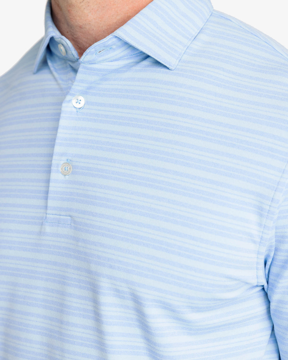 The detail view of the Southern Tide Ryder Heather Bombay Striped Polo Shirt by Southern Tide - Heather Boat Blue