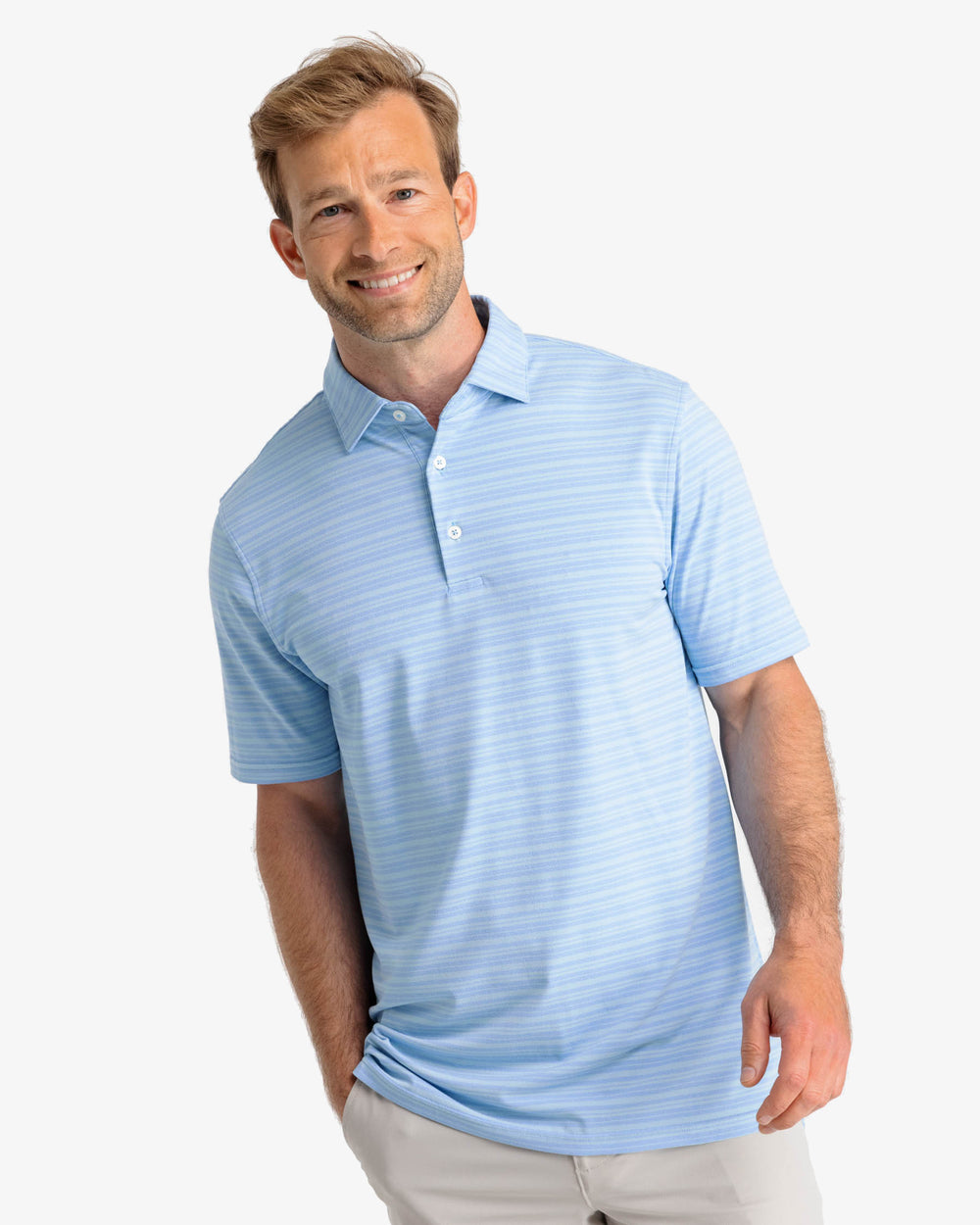 The front view of the Southern Tide Ryder Heather Bombay Striped Polo Shirt by Southern Tide - Heather Boat Blue