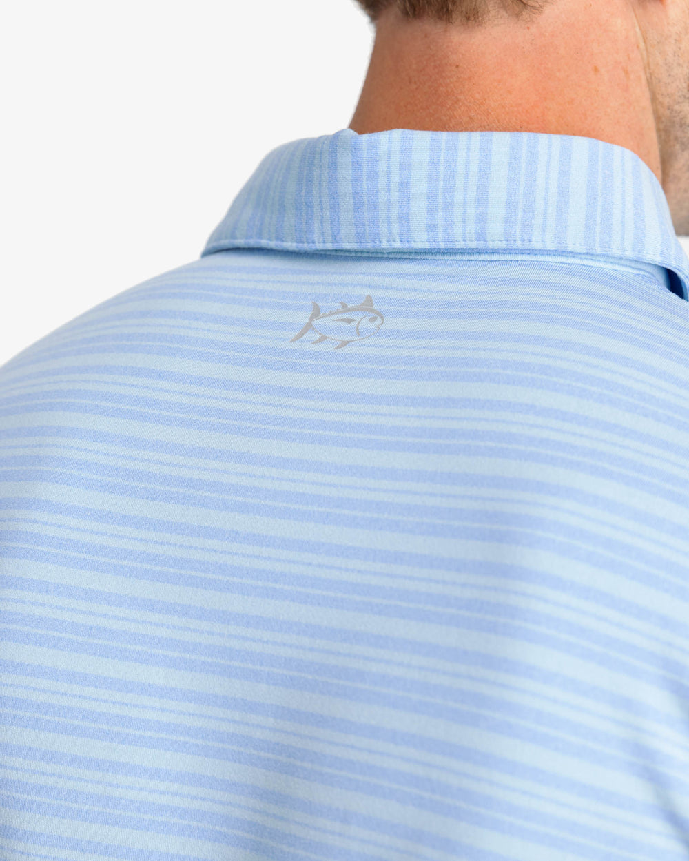 The yoke view of the Southern Tide Ryder Heather Bombay Striped Polo Shirt by Southern Tide - Heather Boat Blue