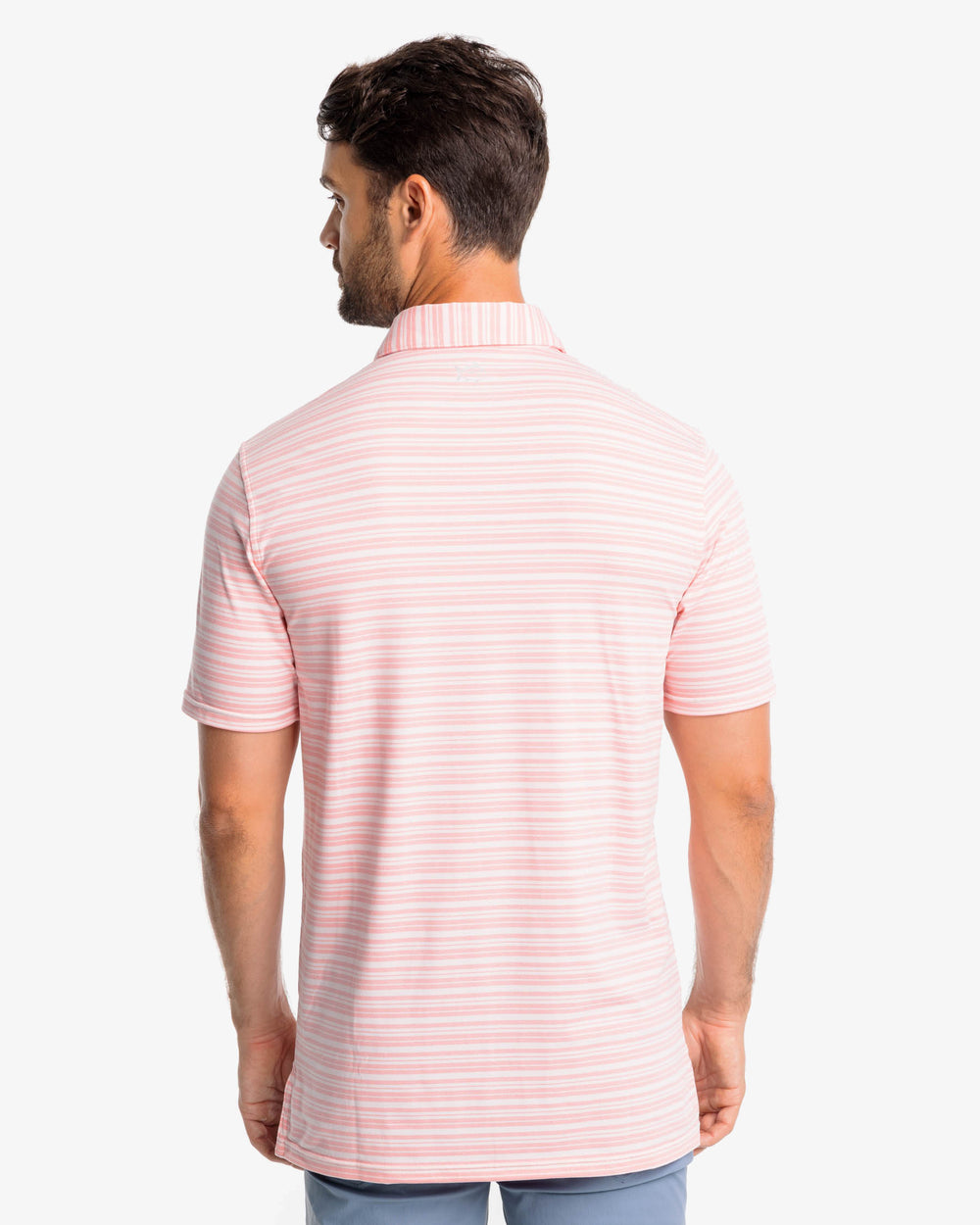 The back view of the Southern Tide Ryder Heather Bombay Striped Polo Shirt by Southern Tide - Heather Flamingo Pink