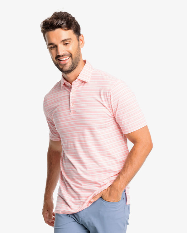 The front view of the Southern Tide Ryder Heather Bombay Striped Polo Shirt by Southern Tide - Heather Flamingo Pink