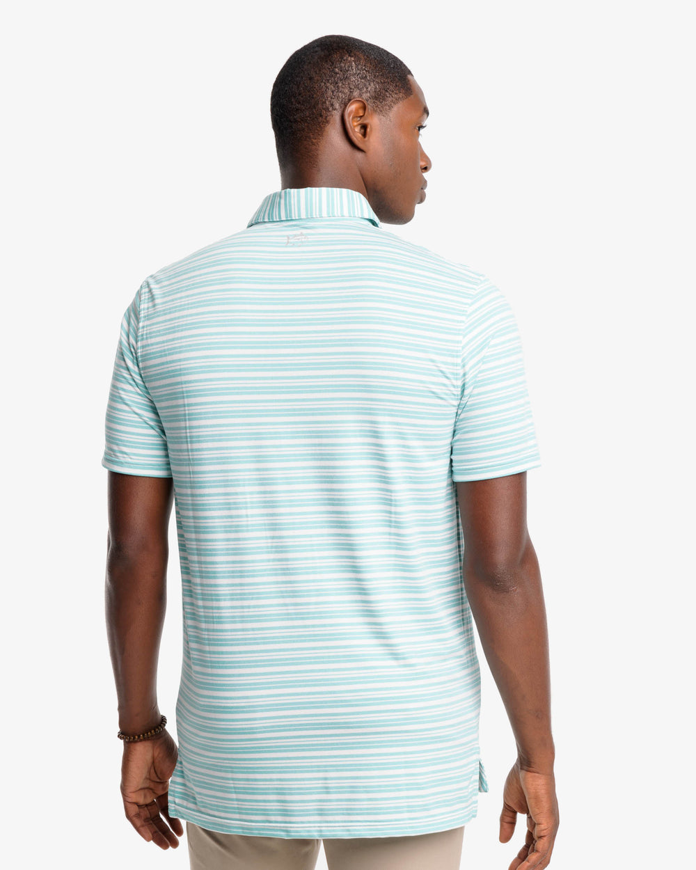 The back view of the Southern Tide Ryder Heather Bombay Striped Polo Shirt by Southern Tide - Heather Tidal Wave