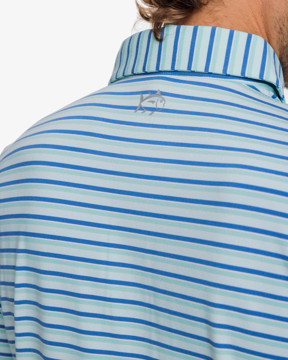 The detail view of the Southern Tide Ryder Heather Kendrick Performance Polo Shirt by Southern Tide - Heather Baltic Teal
