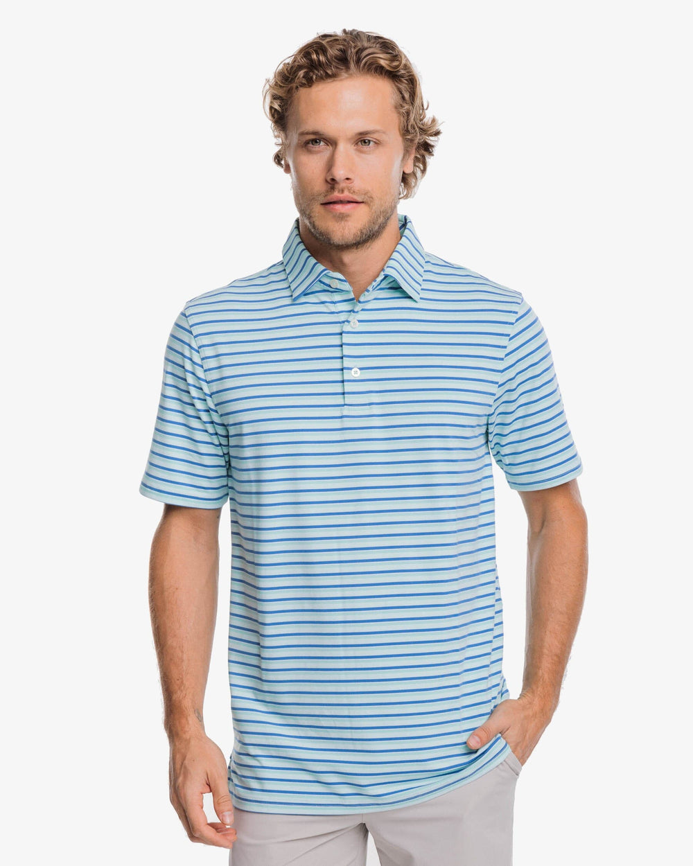 The front view of the Southern Tide Ryder Heather Kendrick Performance Polo Shirt by Southern Tide - Heather Baltic Teal