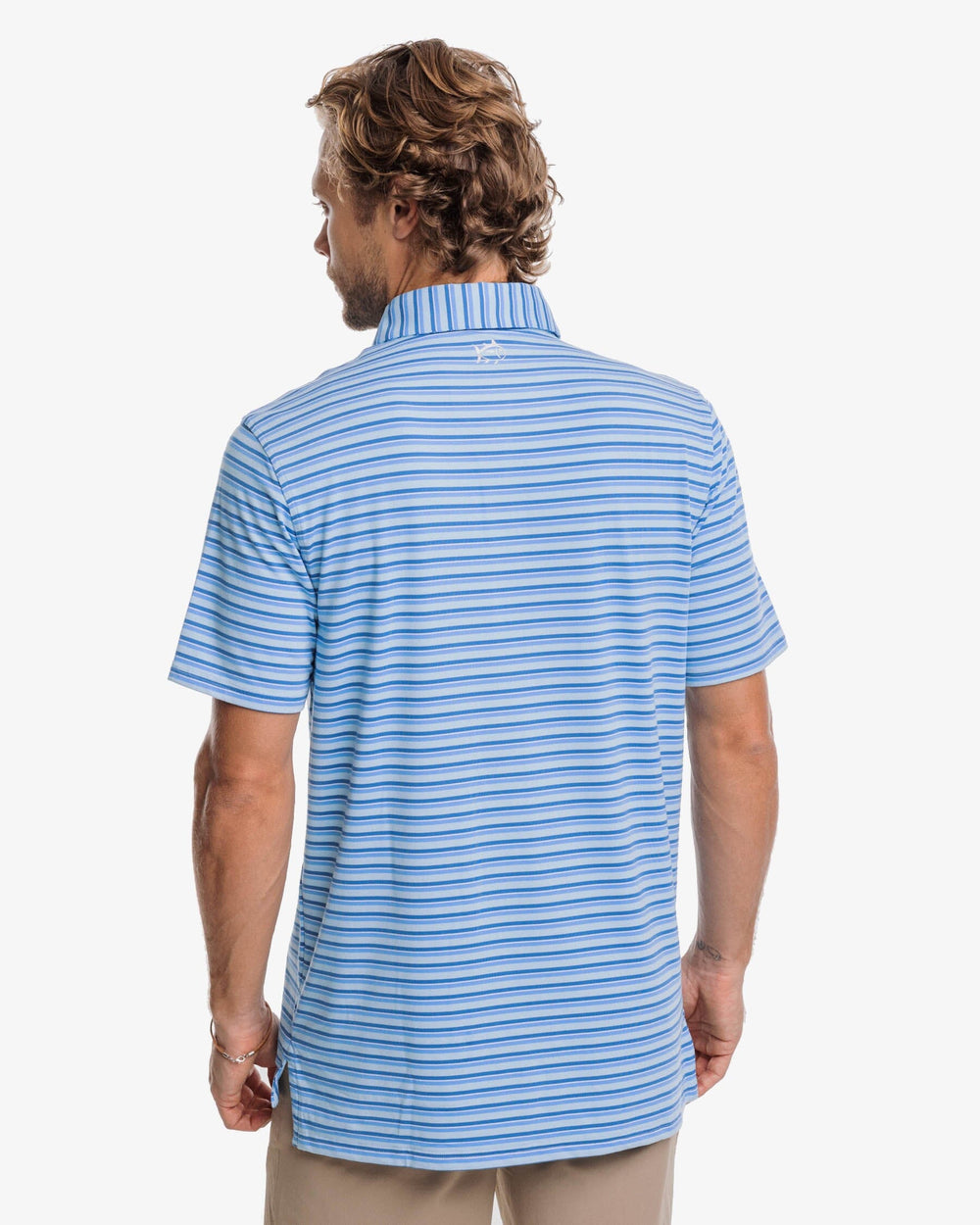 The back view of the Southern Tide Ryder Heather Kendrick Performance Polo Shirt by Southern Tide - Heather Rain Water