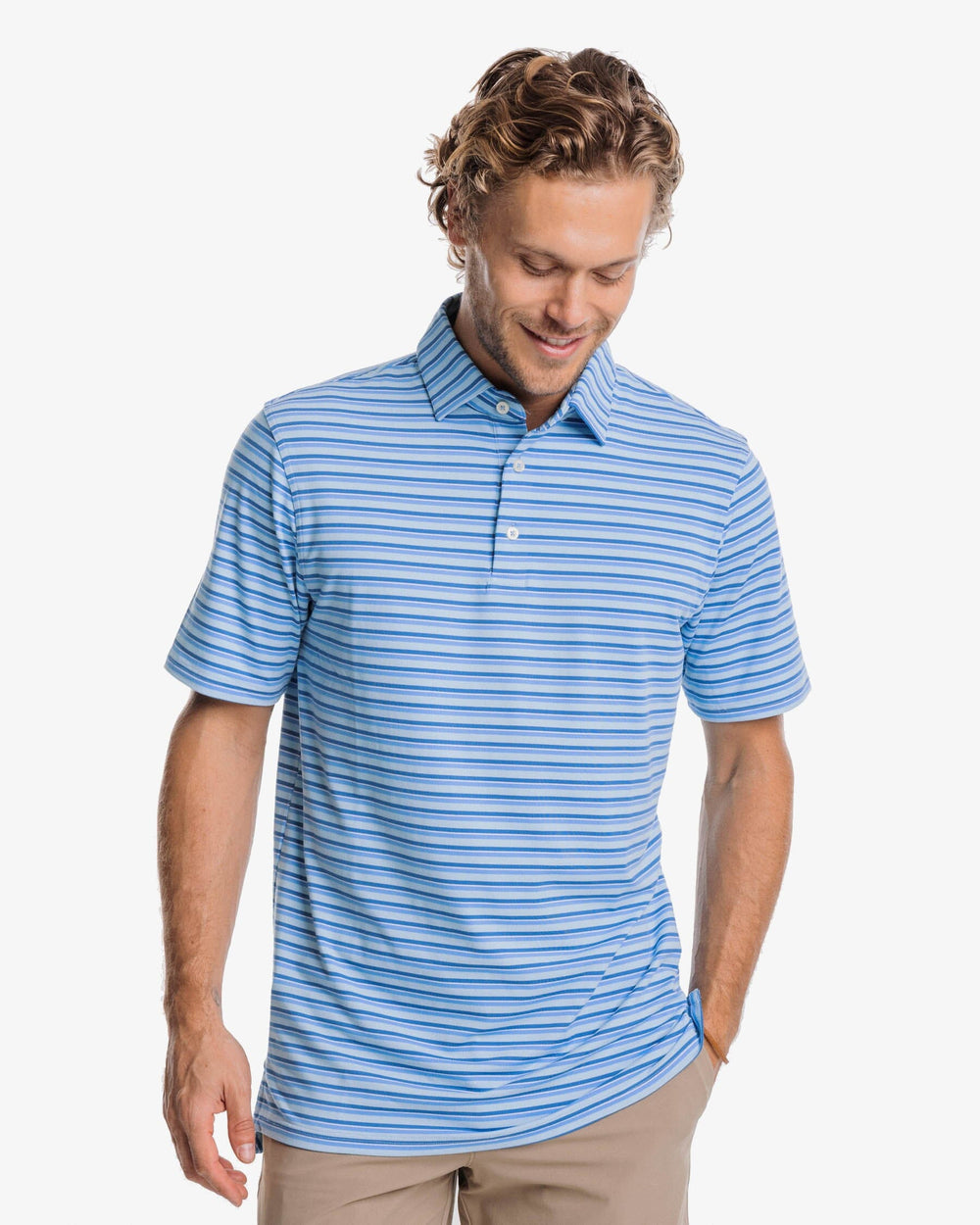 The front view of the Southern Tide Ryder Heather Kendrick Performance Polo Shirt by Southern Tide - Heather Rain Water