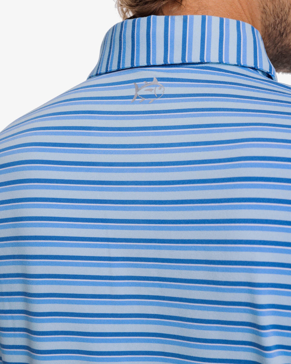 The detail view of the Southern Tide Ryder Heather Kendrick Performance Polo Shirt by Southern Tide - Heather Rain Water