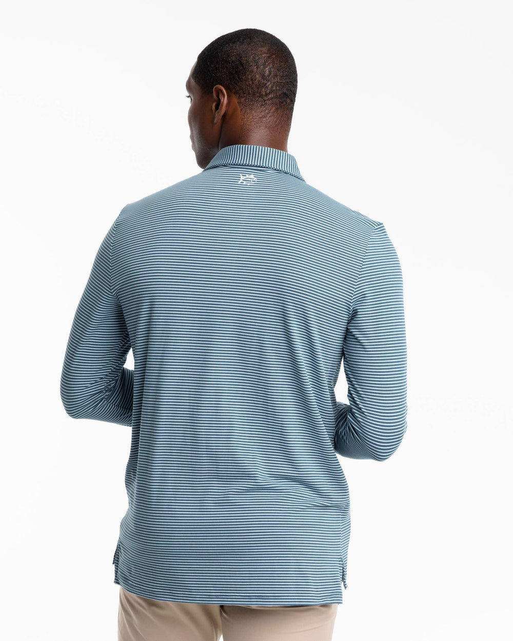 The back view of the Ryder Heather Montefuma Performance Long Sleeve Polo Shirt by Southern Tide - Heather Insignia Blue