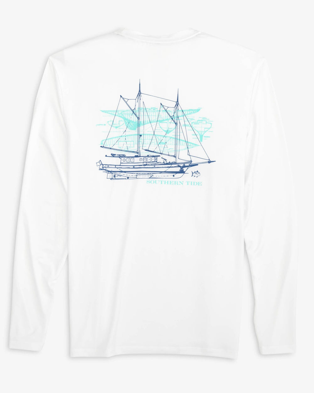The back view of the Southern Tide Sail Boat Schematic Design Long Sleeve Performance T-Shirt by Southern Tide - Classic White