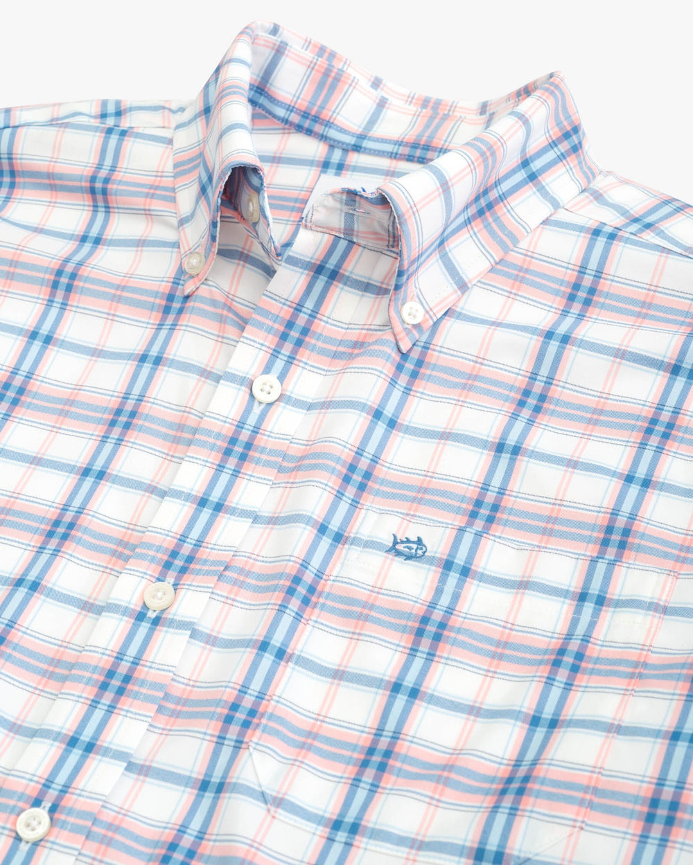 The detail view of the Southern Tide Sapelo Plaid Intercoastal Sport Shirt by Southern Tide - Flamingo Pink
