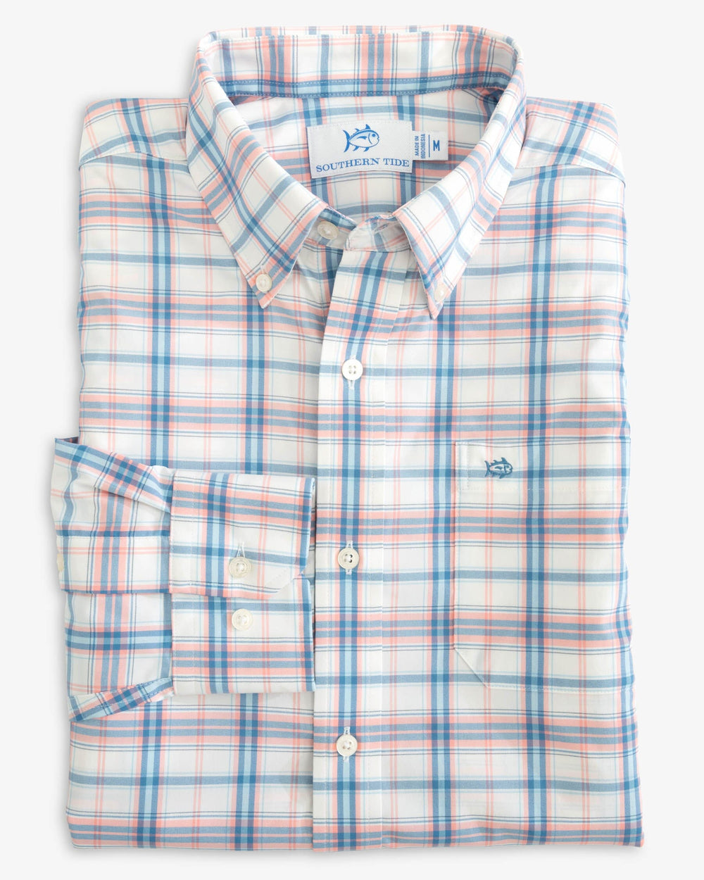 The folded view of the Southern Tide Sapelo Plaid Intercoastal Sport Shirt by Southern Tide - Flamingo Pink