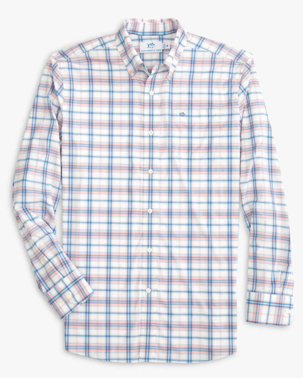 The front view of the Southern Tide Sapelo Plaid Intercoastal Sport Shirt by Southern Tide - Flamingo Pink