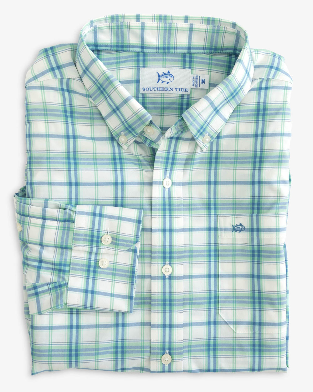 The folded view of the Southern Tide Sapelo Plaid Intercoastal Sport Shirt by Southern Tide - Neptune Green
