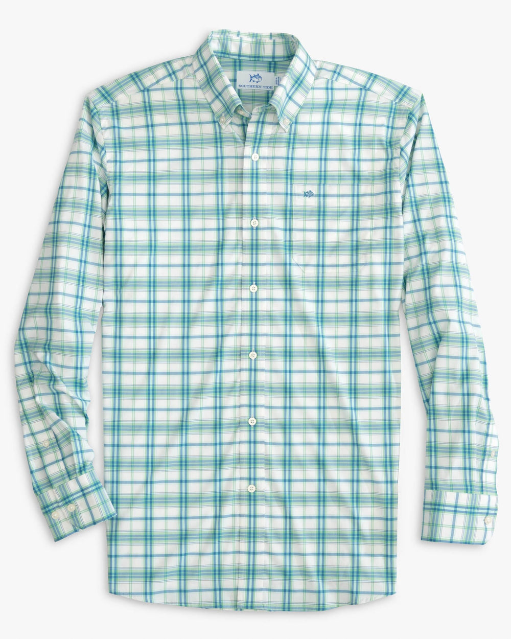 The front view of the Southern Tide Sapelo Plaid Intercoastal Sport Shirt by Southern Tide - Neptune Green