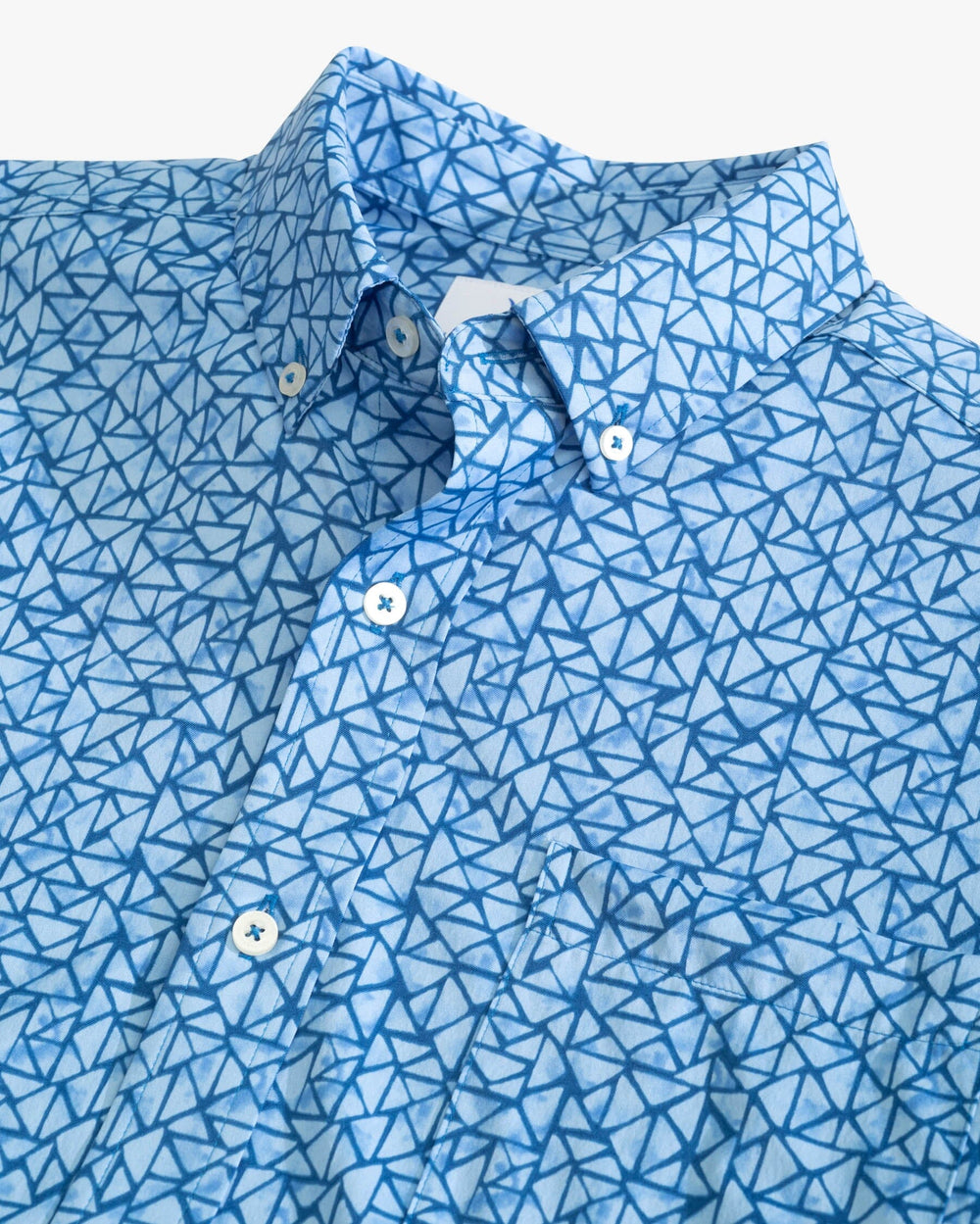 The detail view of the Southern Tide Saturday Soiree Intercoastal Short Sleeve Button Down Shirt by Southern Tide - Atlantic Blue
