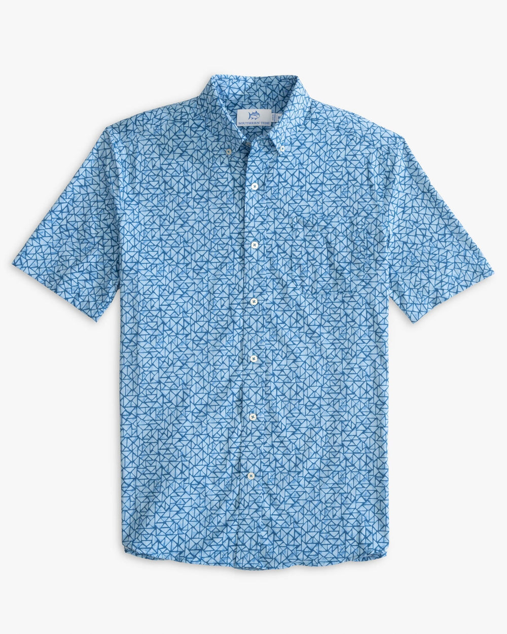 The front view of the Southern Tide Saturday Soiree Intercoastal Short Sleeve Button Down Shirt by Southern Tide - Atlantic Blue