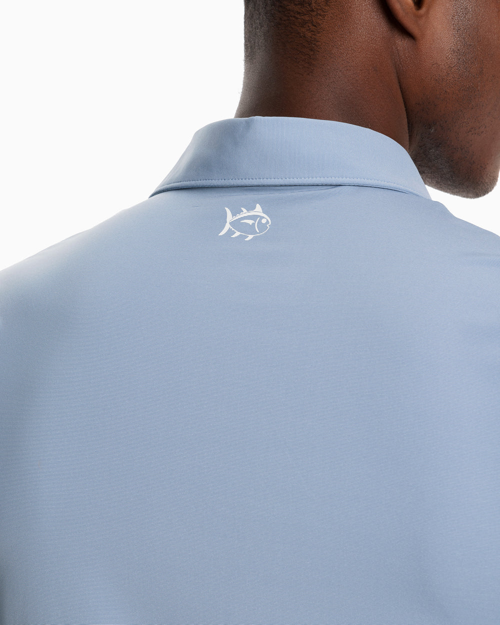 The model yoke view of the Men's Sawgrass Stripe brrr°®-eeze Performance Polo Shirt by Southern Tide - Blue Ridge