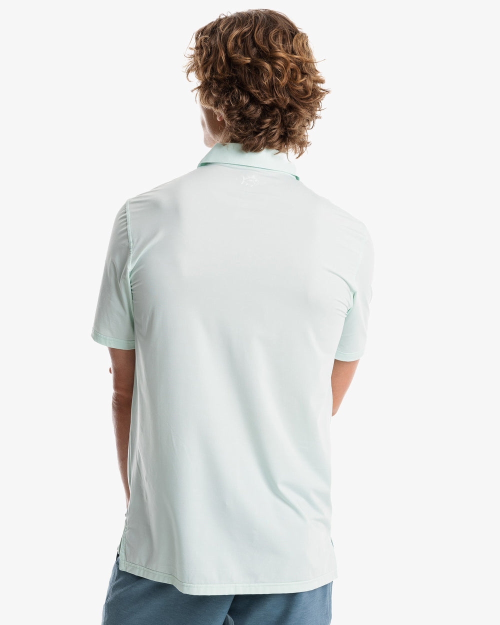 The model back view of the Men's Sawgrass Stripe brrr°®-eeze Performance Polo Shirt by Southern Tide - Mist Green