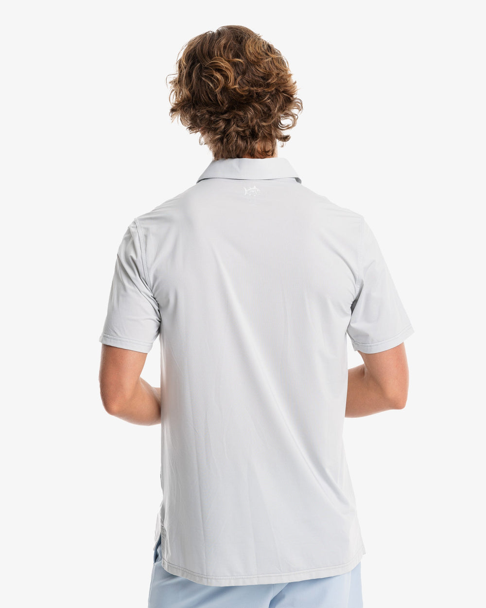 The model back view of the Men's Sawgrass Stripe brrr°®-eeze Performance Polo Shirt by Southern Tide - Seagull Grey