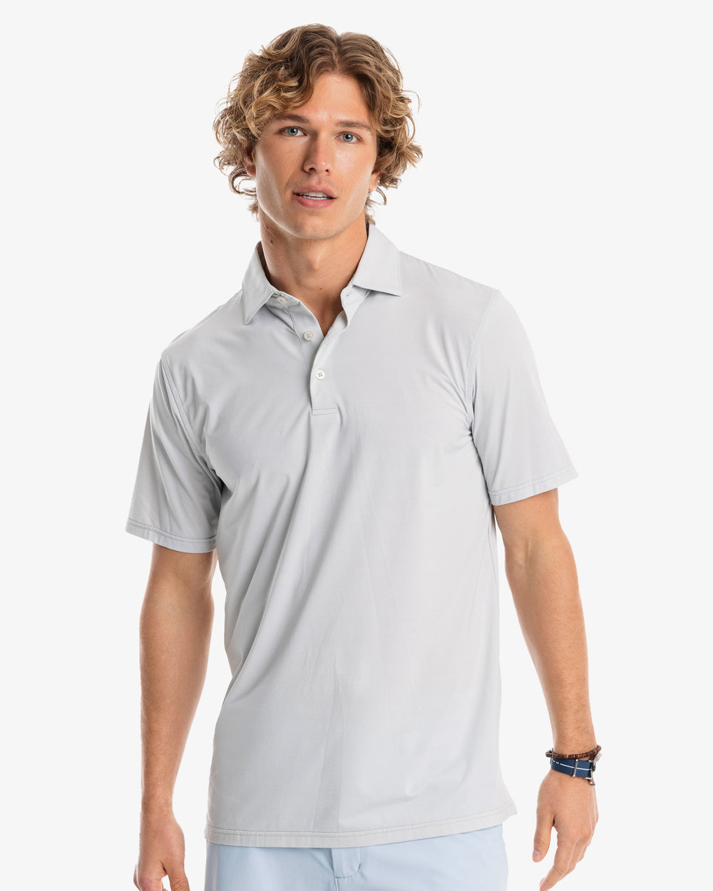 The model front view of the Men's Sawgrass Stripe brrr°®-eeze Performance Polo Shirt by Southern Tide - Seagull Grey